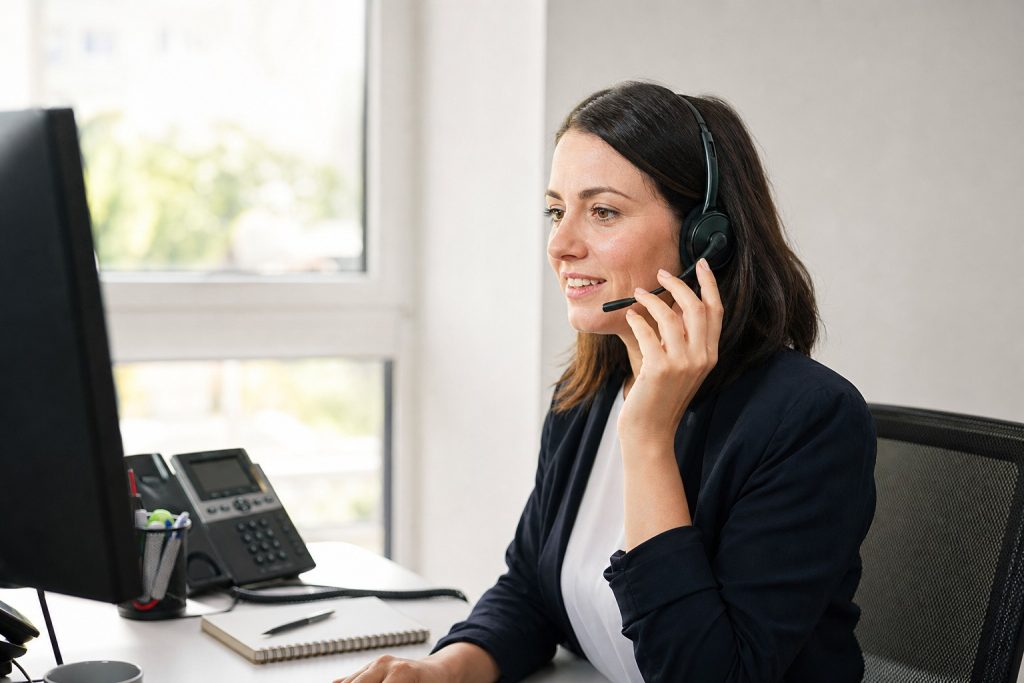 Professionnelle assurant l’accueil téléphonique avec un casque en entreprise